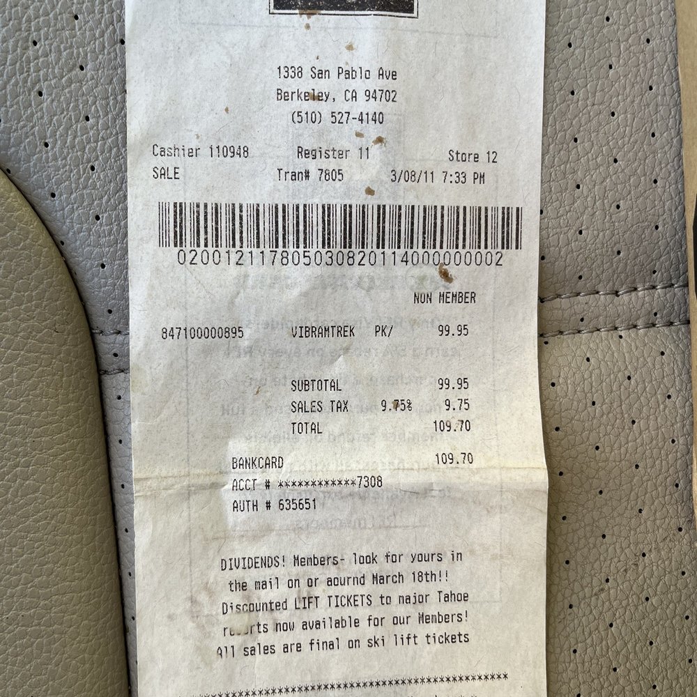 REI - Original receipt of purchase from 2011 in decent condition. - Sporting Goods Near Me - Dublin, California