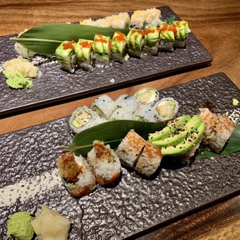 Mikado Sushi - Top: Tango Mango Roll/Dragon. Bottom: Fried scallop roll/Lion King Roll - Sushi Bars Near Me - Orlando, Florida