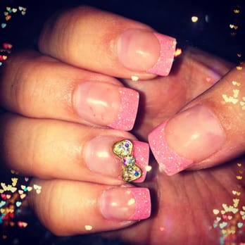 King Nails - My VDay 2016 nails. (Pink glitter nail full set, $27: 3D iridescent bows, $6 each; and gel top coat, $5) -By: Jennifer - Nail Salons Near Me - San Francisco, California