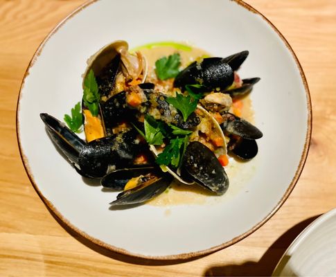 Photo of Rootstalk - Breckenridge, CO, US. BANG'S ISLAND MUSSEL & CLAM "CHOWDER" - Celeriac Chowder, Bacon, Salt & Vinegar Potato