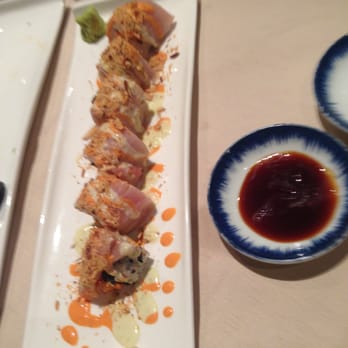 Sushi Makio - Rich and Famous Roll (Yellowtail, snow crab salad, masago, scallion, almond flakes, wasabi mayo, spicy mayo) - Japanese Near Me - Kingston, New York Sushi Makio - Rich and Famous Roll (Yellowtail, snow crab salad, masago, scallion, almond flakes, wasabi mayo, spicy mayo) - Japanese Near Me - Kingston, New York