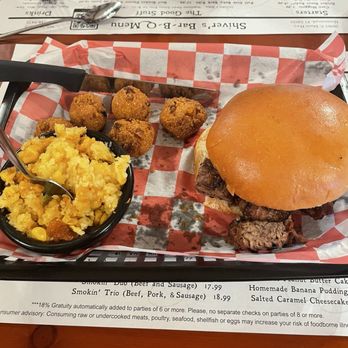 Shiver's BBQ - My Burnt End Sandwich with Hush Puppies and Cornbread Soufflé - Barbeque Near Me - Homestead, Florida Shiver's BBQ - My Burnt End Sandwich with Hush Puppies and Cornbread Soufflé - Barbeque Near Me - Homestead, Florida