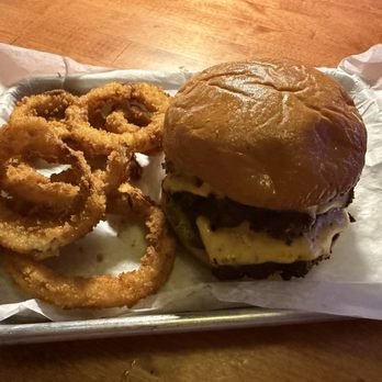 Riley's Bar + Burger - Riley with onion rings on the side. - Burgers Near Me - Milwaukee, Wisconsin