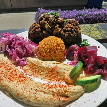 Maro's - Bella and the Beast (cauliflower fried to golden brown, with with hummus, couscous salad, cabbage, beets) - Middle Eastern Near Me - Oakville, Ontario Maro's - Bella and the Beast (cauliflower fried to golden brown, with with hummus, couscous salad, cabbage, beets) - Middle Eastern Near Me - Oakville, Ontario