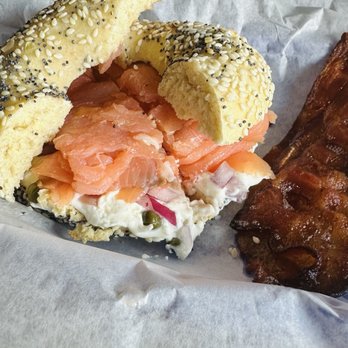 Big Blue Bagel & Deli - The Nova on the everything bagel w *crispy bacon - Sandwiches Near Me - Auburn, Alabama Big Blue Bagel & Deli - The Nova on the everything bagel w *crispy bacon - Sandwiches Near Me - Auburn, Alabama