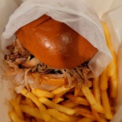 C.Alexanders - Pulled pork sandwich and fries.