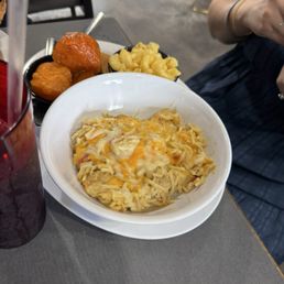Chicken spaghetti, mac n cheese and yams