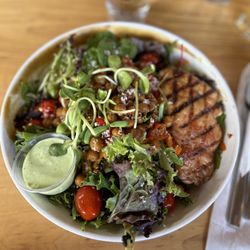 Booneshine Brewing - Mixed greens salad with grilled hot honey chicken thigh. Ranch dressing.
