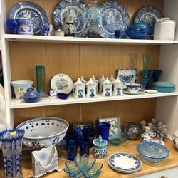 Blue china set and blue glass dishes