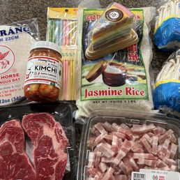 Mushrooms, rib eyes, diced pork belly, Jasmine rice, Kimchi etc. Mushrooms, rib eyes, diced pork belly, Jasmine rice, Kimchi etc.