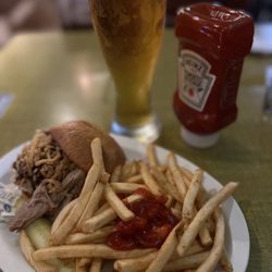 The Local - BBQ Kalua Pork Sandwich, Fries, and Stella Artois
