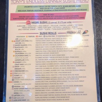 Tony's Grill And Sushi Bar - All you can eat sushi menu (April 2019) - Sushi Bars Near Me - Layton, Utah Tony's Grill And Sushi Bar - All you can eat sushi menu (April 2019) - Sushi Bars Near Me - Layton, Utah