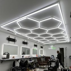EHEZ Electrical Contracting - LED hexagon lighting installation at Barberluck Barbershop in Inglewood, CA, Modern commercial lighting upgrade by licensed C-10 electrician