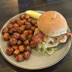 Towne Tavern and Tap - Honey chicken sandwich with sweet potato tots ($16). 9.22.26
