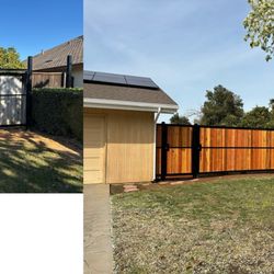 J&C Fencing - Old worn out fence on the left and the new redwood fence with vehicle gate on the right