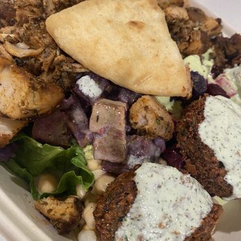 Roots And Greens - Large size: half basmati rice & half romaine lettuce, sweet potato, beets, falafel, chicken souvlaki, green goddess sauce and tzatziki sauce - Salad Near Me - Honolulu, Hawaii Roots And Greens - Large size: half basmati rice & half romaine lettuce, sweet potato, beets, falafel, chicken souvlaki, green goddess sauce and tzatziki sauce - Salad Near Me - Honolulu, Hawaii
