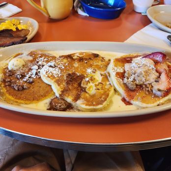 Snooze, an A.M. Eatery - Flight of pancakes- L to R - sweet potato, pineapple upside down, strawberry shortcake - Breakfast & Brunch Near Me - Nashville, Tennessee Snooze, an A.M. Eatery - Flight of pancakes- L to R - sweet potato, pineapple upside down, strawberry shortcake - Breakfast & Brunch Near Me - Nashville, Tennessee