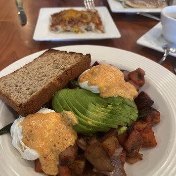 Blue's Egg + Bakery - Cheddar hash brown and veggie hash. Blueberry pancake in the corner - Breakfast & Brunch Near Me - Milwaukee, Wisconsin
