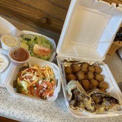 Don Delfis House Of Pancake - Steak Fajita Wrap w Toppings on the Side, Fried Mushrooms, and Salad