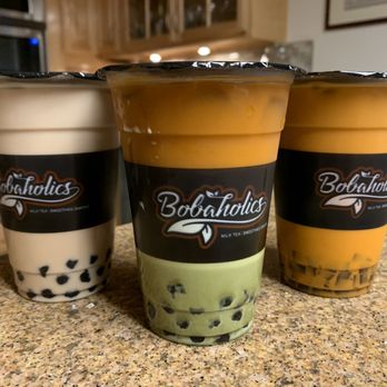 Bobaholics - Left to Right: Okinawa Milk Tea with boba, Matcha Thai with boba, Thai Milk Tea with coffee jelly. All 16 oz. - Bubble Tea Near Me - San Jose, California Bobaholics - Left to Right: Okinawa Milk Tea with boba, Matcha Thai with boba, Thai Milk Tea with coffee jelly. All 16 oz. - Bubble Tea Near Me - San Jose, California