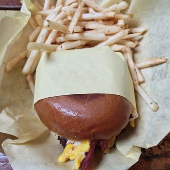 Smash Bacon - The Eggcellent Double Burger with french fries - Burgers Near Me - National City, California Smash Bacon - The Eggcellent Double Burger with french fries - Burgers Near Me - National City, California