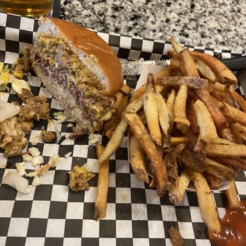 Broad St Burger - Bubba Burger (slaw, onions, and chili) with fries; Sycamore Brewing Blonde Ale. - Burgers Near Me - Statesville, North Carolina Broad St Burger - Bubba Burger (slaw, onions, and chili) with fries; Sycamore Brewing Blonde Ale. - Burgers Near Me - Statesville, North Carolina