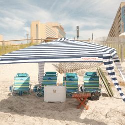 Perfect Beach Day NJ - Family Beach Day setup in Atlantic City -- CoolCabana, 4 Tommy Bahama chairs, cooler with ice add-on, table, all set up and ready.