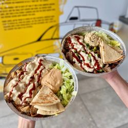 The Halal Guys - ig: @whatsviveating  | chicken platter + spicy hummus and beef gyro platter + baba ghanoush