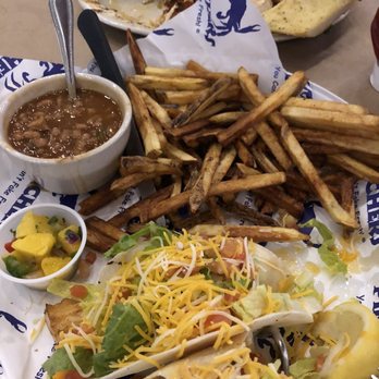 Pinchers - Beans, hand cut fries, blackened grouper tacos and a side of mango salsa. - Seafood Near Me - Venice, Florida Pinchers - Beans, hand cut fries, blackened grouper tacos and a side of mango salsa. - Seafood Near Me - Venice, Florida