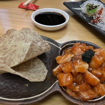 Douzo - Salmon Tartare with taro chips. - Sushi Bars Near Me - Boston, Massachusetts Douzo - Salmon Tartare with taro chips. - Sushi Bars Near Me - Boston, Massachusetts