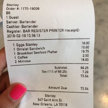 Stanley - Bill for 3 people - Breakfast & Brunch Near Me - New Orleans, Louisiana Stanley - Bill for 3 people - Breakfast & Brunch Near Me - New Orleans, Louisiana