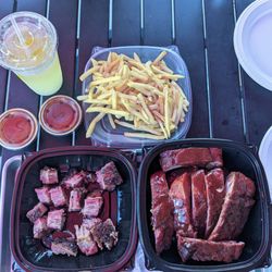 Sharko's BBQ - Fries, burnt ends, and full slab of  ribs