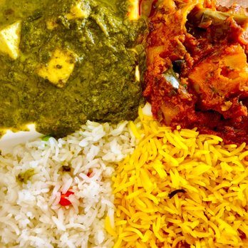 India Sweets & Spices - Saag paneer(spinach&cheese), eggplant and potato, white and yellow basmati rice - Indian Near Me - Culver City, California