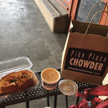 Pike Place Chowder - Maine Lobster Roll ($24.95); Small seafood bisque ($7.75) - Seafood Near Me - Seattle, Washington Pike Place Chowder - Maine Lobster Roll ($24.95); Small seafood bisque ($7.75) - Seafood Near Me - Seattle, Washington