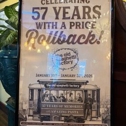 Celebrating 57 years rollback price $16.57 3 course complete meal.
