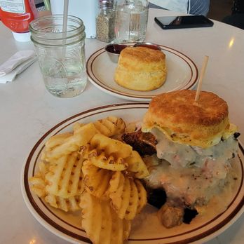Denver Biscuit Co. - Tennyson - The Franklin with waffle fries and a biscuit with jam. - Sandwiches Near Me - Denver, Colorado