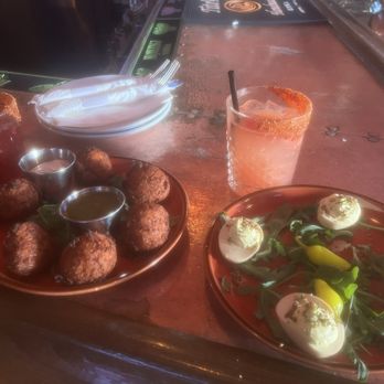 Wild Goose Tavern - Pickled Deviled Eggs & Sweet Potato and Goat Cheese Fritters & Hibiscus Marg & Paloma - New American Near Me - Costa Mesa, California Wild Goose Tavern - Pickled Deviled Eggs & Sweet Potato and Goat Cheese Fritters & Hibiscus Marg & Paloma - New American Near Me - Costa Mesa, California