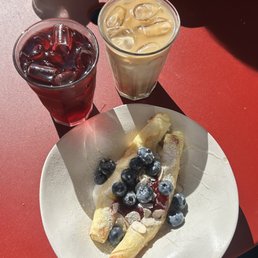 Kompot, Halva iced latte, and blini with farmers cheese and blueberries Kompot, Halva iced latte, and blini with farmers cheese and blueberries