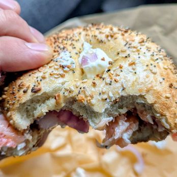 Einstein Bros. Bagels - Lox and Bagel on a double-toasted everything bagel - Bagels Near Me - Long Beach, California Einstein Bros. Bagels - Lox and Bagel on a double-toasted everything bagel - Bagels Near Me - Long Beach, California
