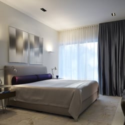3 Blind Mice Window Coverings - Contemporary Bedroom with Dual Layer Curtains - Privacy Sheers for daytime and Blackout Curtains for sleeping