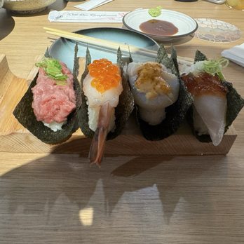 Oh Banzai - From the left  Negitoro, shrimp with ikura, scallop and spicy mayo, yellow tale w ponzu. - Japanese Near Me - Gardena, California