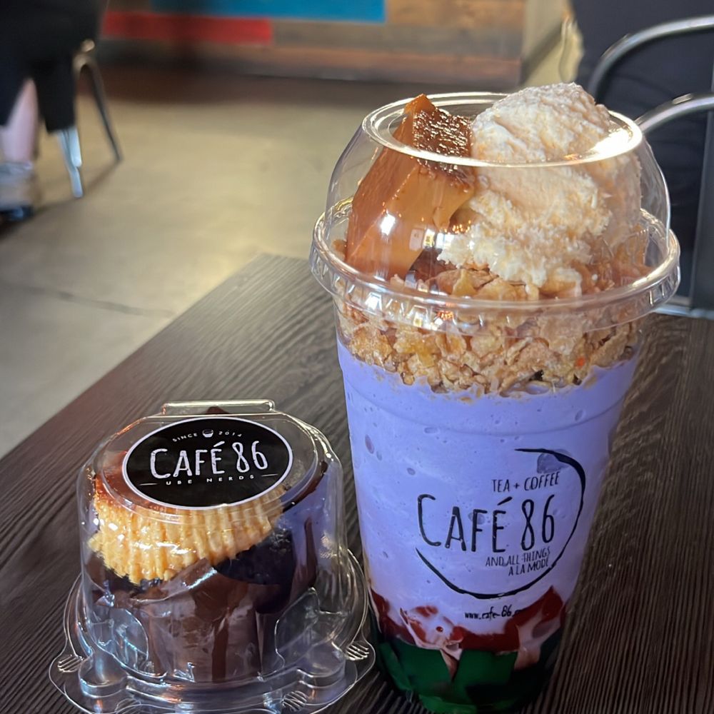 Cafe 86 - Upside down Halo Halo + the Ube Leche Flan Cupcake - Cafes Near Me - Northridge, California Cafe 86 - Upside down Halo Halo + the Ube Leche Flan Cupcake - Cafes Near Me - Northridge, California