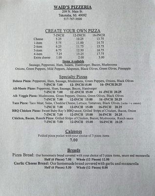 Menu photo 3 Waid's Pizzeria Tekonsha, MI
