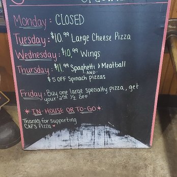 Cap's Pizza - Caps Updated Weekly Specials as of May 2024. Spaghetti dinner just increased from $9.99 to $11.99. - Pizza Near Me - Vero Beach, Florida Cap's Pizza - Caps Updated Weekly Specials as of May 2024. Spaghetti dinner just increased from $9.99 to $11.99. - Pizza Near Me - Vero Beach, Florida