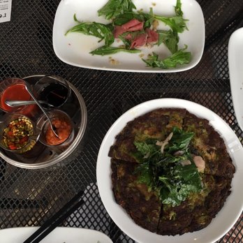 Revel - From the summer 2016 menu: (Barely there) corned lamb salad with smoked herring pancake and 4 sauces to accompany it - Korean Near Me - Seattle, Washington Revel - From the summer 2016 menu: (Barely there) corned lamb salad with smoked herring pancake and 4 sauces to accompany it - Korean Near Me - Seattle, Washington