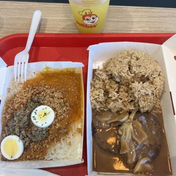 Jollibee - Palabok Fiesta and hamburger 2 Piece Burger Steak with 1 Side (adobe rice) - Chicken Shop Near Me - Plano, Texas Jollibee - Palabok Fiesta and hamburger 2 Piece Burger Steak with 1 Side (adobe rice) - Chicken Shop Near Me - Plano, Texas