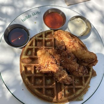 Highly Likely - Black Sesame Waffle with chicken strips - Breakfast & Brunch Near Me - Los Angeles, California