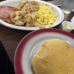Pancakes, ham, eggs & home fries.