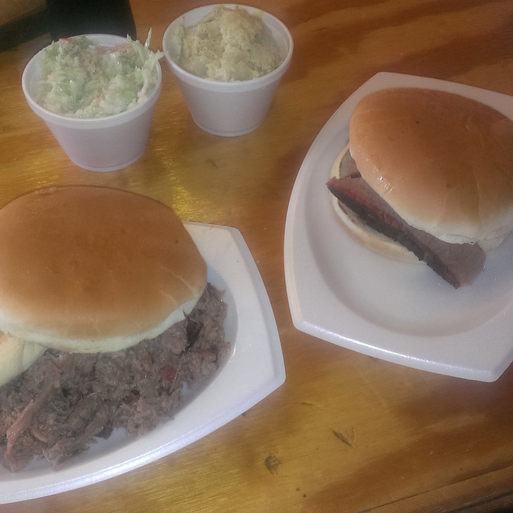 Bodacious Bar-B-Q - Chopped beef and sliced beef sandwiches. Potato salad and cole slaw and Mexican coke. Yummmmm. - Barbeque Near Me - Marshall, Texas
