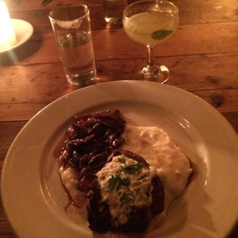 Freemans - Medium rare filet mignon and refreshing cocktail - Breakfast & Brunch Near Me - New York, New York Freemans - Medium rare filet mignon and refreshing cocktail - Breakfast & Brunch Near Me - New York, New York